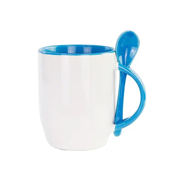 12oz Handle & Inner Color Sublimation Ceramic Mugs With Spoon-Light Blue