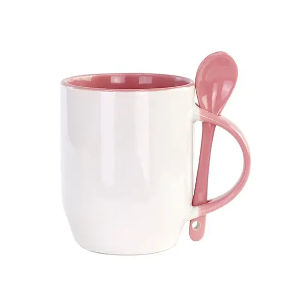 12oz Handle & Inner Color Sublimation Ceramic Mugs With Spoon-Pink