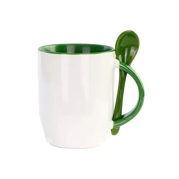 12oz Handle & Inner Color Sublimation Ceramic Mugs With Spoon-Green