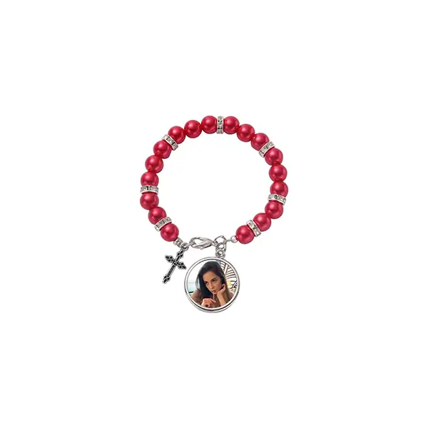 Catholic Sublimation Family Photo Cross Rosary Bracelet-Red